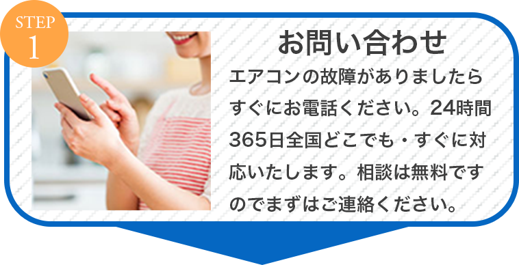 step1　お問い合わせ　エアコンの故障がありましたらすぐにお電話ください。24時間365日全国どこでも・すぐに対応致します。相談は無料ですのでまずはご連絡ください。