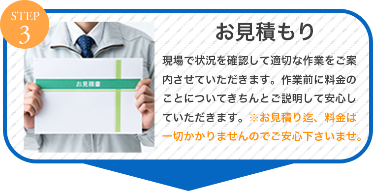 step3　お見積もり　現場で状況を確認して適切な作業をご案内させていただきます。作業前に料金のことについてきちんとご説明して安心していただきます。※お見積り迄、料金は一切かかりませんのでご安心下さいませ。