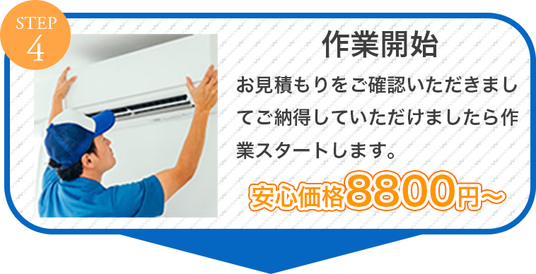 step4　作業開始　お見積もりをご確認いただきましてご納得していただけましたら作業スタートします。安心価格8800円〜